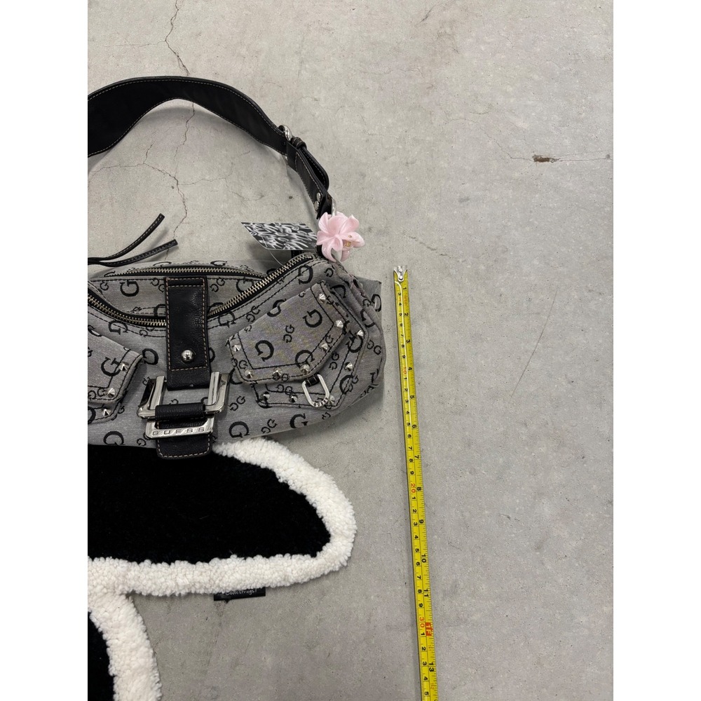 Guess Vintage Monogram Logo Denim Shoulder Bag Grey Black Studded Y2K Buckle - Picture 6 of 7